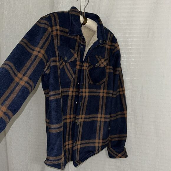 Eddie Bauer Boys XL Faux Shearling Lined Fleece Plaid Navy Brown Ivory Shacket - Picture 5 of 12